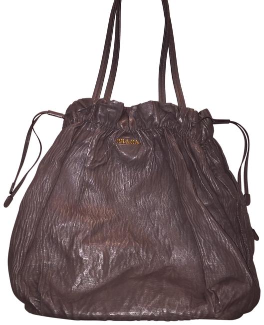 Prada Bucket Oversized Distressed Brown Lambskin Leather Shoulder Bag
