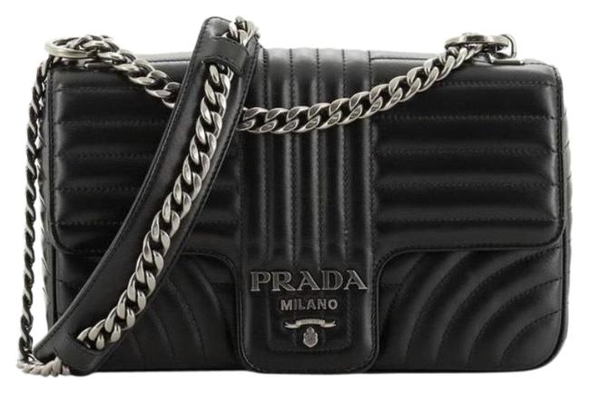 Prada Pattina Large Diagramme Black Calfskin Leather Shoulder Bag