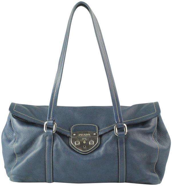 Prada Pattina Tessuto  Vietello Shopping Blue Leather Shoulder Bag
