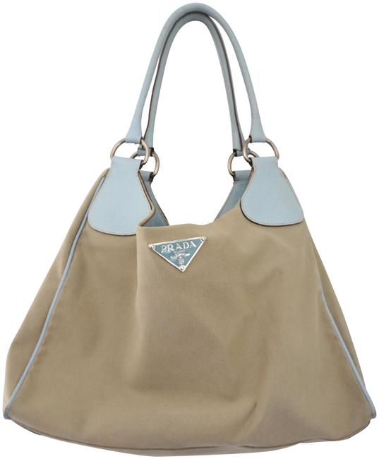 Prada Perfect For Summer Travel Beige  Blue Canvas Leather Shoulder Bag