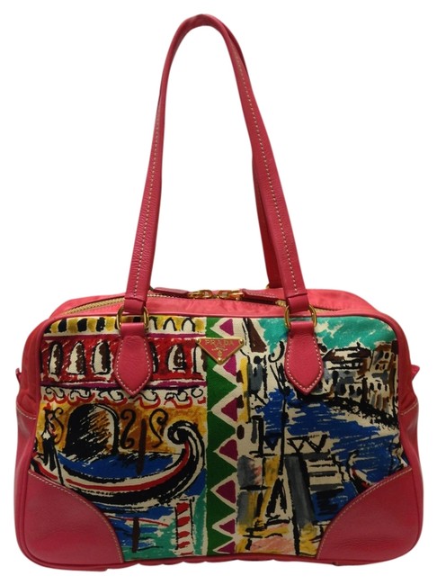 Prada Pink Multi color Canvas Nylon  Leather Shoulder Bag