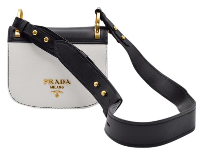 Prada Pionniere  White Bicolor Calf Saddle Black Leather Shoulder Bag