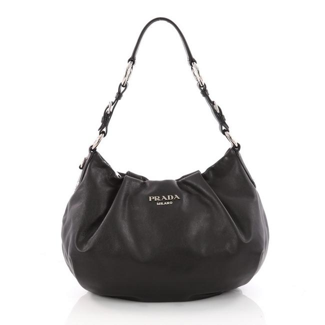 Prada Hobo Pleated Soft Large Black Calfskin Shoulder Bag