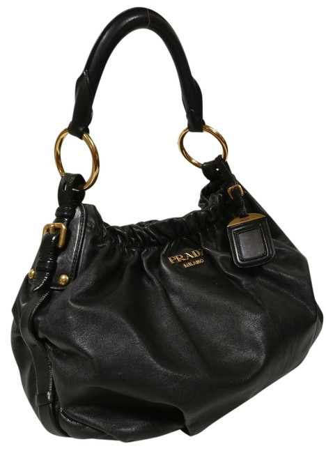 Prada Hobo Pleated Soft Black Leather Shoulder Bag