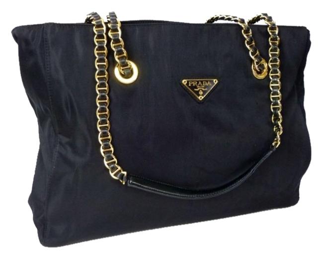 Prada Purse Gold tone Chain Black Nylon  Leather Shoulder Bag