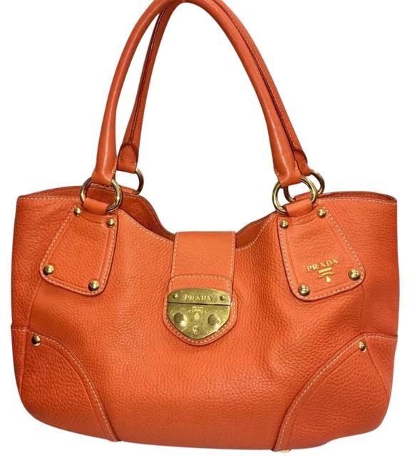 Prada Vitello Daino Tote Push lock Papaya Color Orange Leather Shoulder Bag