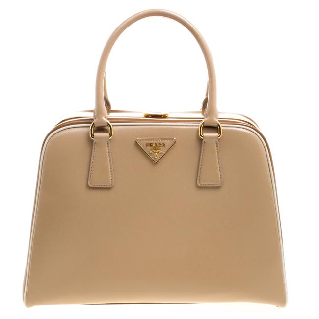 Prada Top Handle Pyramid BeigeCaramel Patent Frame Brown Leather Shoulder Bag