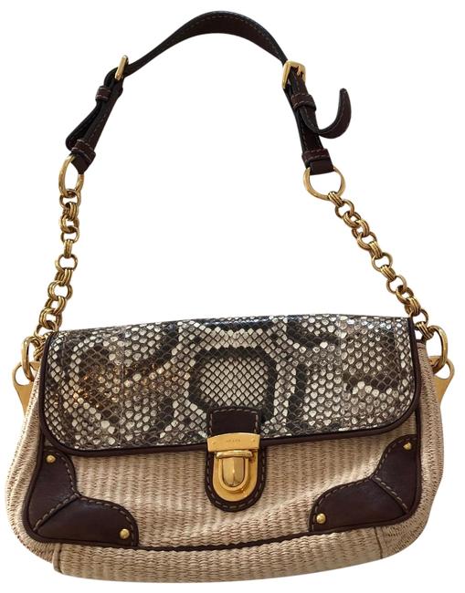 Prada Twist Paglia Natural Stone Python Straw Brown Leather Shoulder Bag