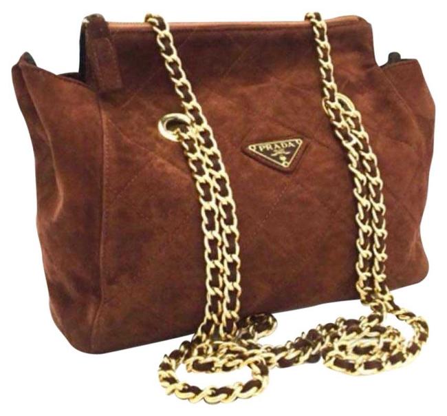 Prada Quilted Logo Chain Brown Suede Leather Shoulder Bag