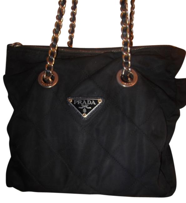 Prada Quilted Logo Chain Straps Purse Black Nylon and Leather Shoulder Bag