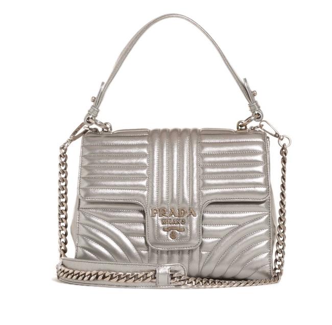 Prada Quilted Metallic Handbag Silver Lambskin Leather Shoulder Bag