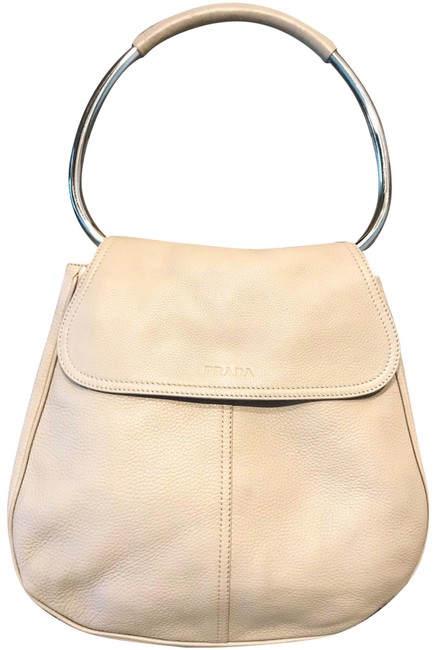 Prada Vitello Daino Rare Metal Ring Handle Cream Leather Shoulder Bag