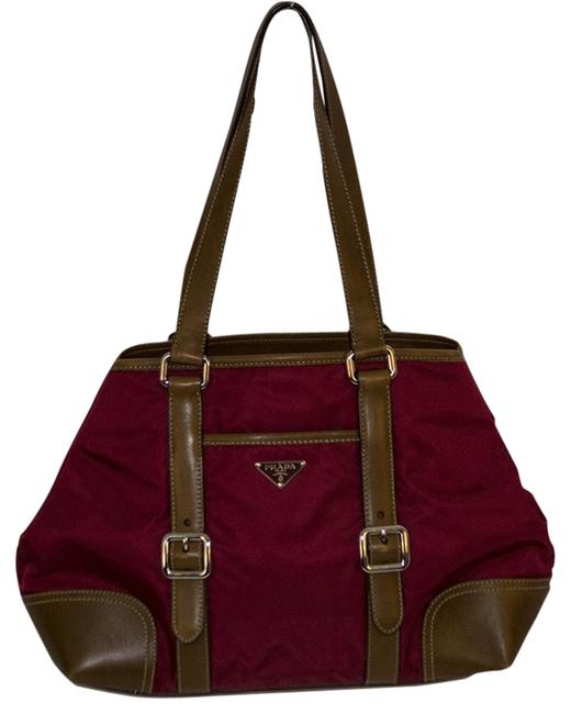 Prada Red  Brown  Asis Nylon  Leather Shoulder Bag