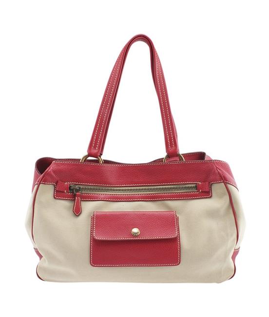 Prada Red Leather  Canvas 157963 Redxbeige Canvasxleather Shoulder Bag