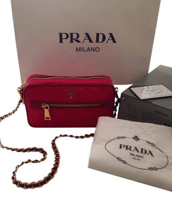 Prada Red Tessuto and Saffiano Leather Shoulder Bag