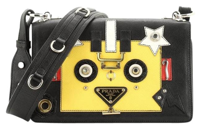 Prada Robot Flap Mixed Media Small Black Leather Shoulder Bag