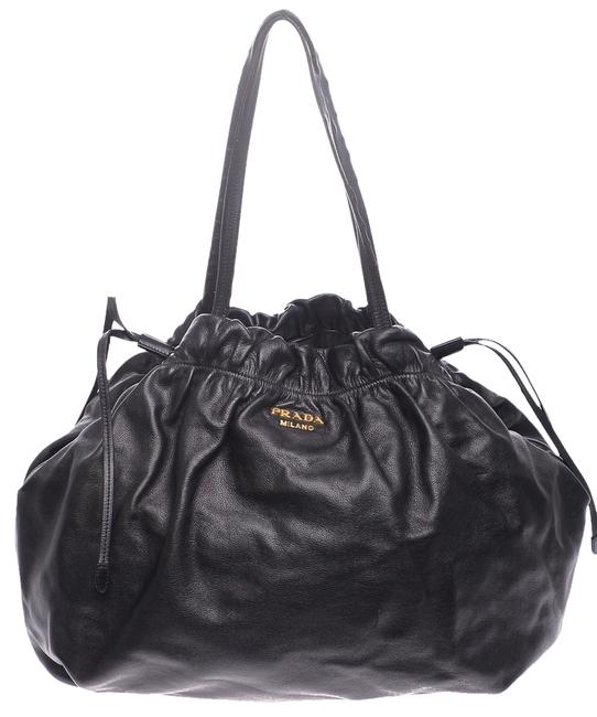 Prada Ruched Opening Tote 15890 Black Leather Shoulder Bag