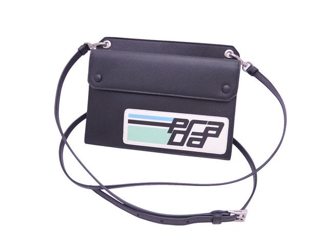 Prada Saffiano E41342 Black  White Leather Shoulder Bag