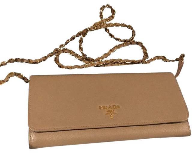 Prada on Chain Saffiano Wallet Beige Leather Shoulder Bag