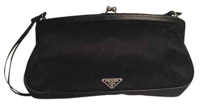 Prada Evening Satin Leather Trim Kiss Lock Black Shoulder Bag