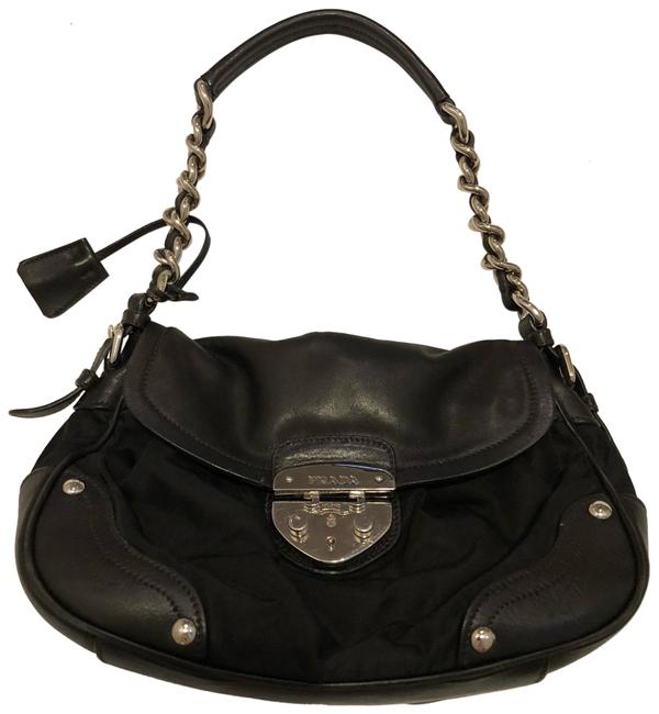 Prada Silver Chain Black Nylon Leather Shoulder Bag