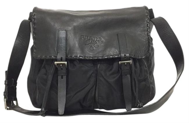 Prada Silver Hardware Ladies Flap Fashion Black Leather  Nylon Shoulder Bag