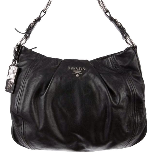 Prada Silver Plate Black Leather Shoulder Bag