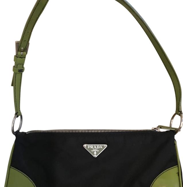 Prada Small BlackLime Green NylonLeather Trim Shoulder Bag