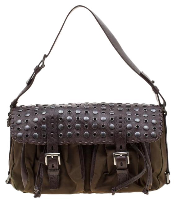 Prada Studded Brown Nylon and Leather Shoulder Bag