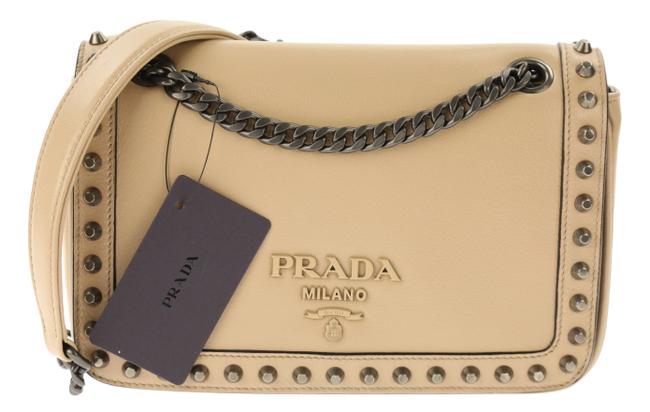 Prada Studded Flap Cammeo Beige Calfskin Leather Shoulder Bag
