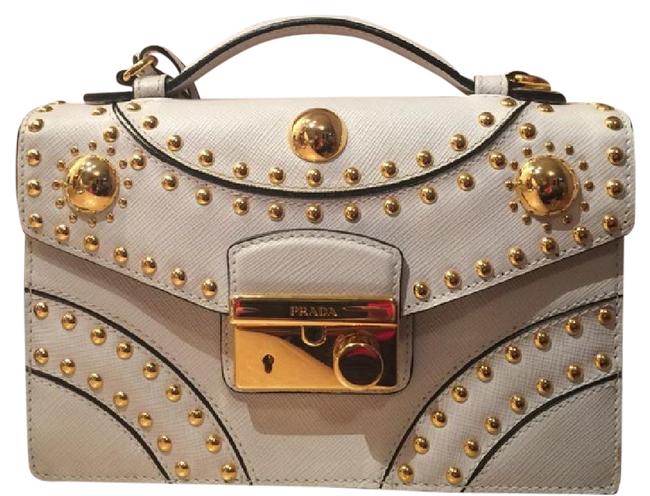 Prada Studded Sound White with Gold Metal Saffiano Leather Shoulder Bag