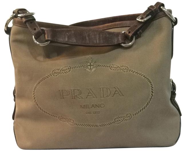 Prada Tan and Beige Brown Leather Fabric Shoulder Bag