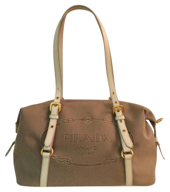 Prada Taupe Canvas and Cream Leather Shoulder Bag