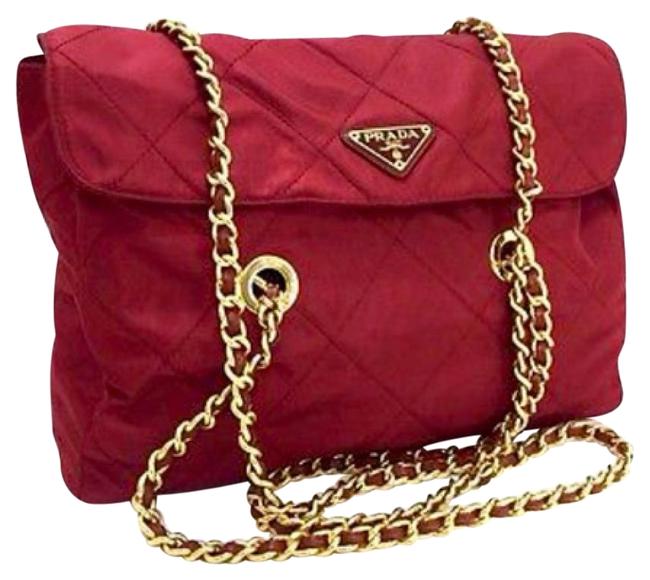 Prada Tessuto Borsa Quilted Logo Chain Wine Red Nylon Shoulder Bag