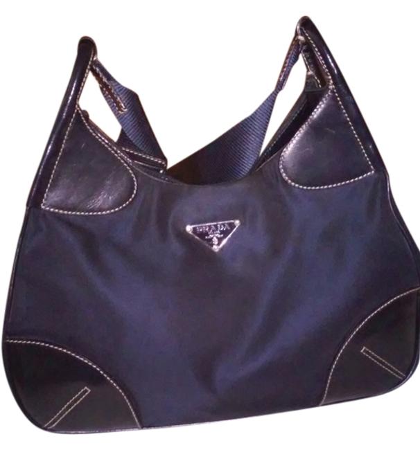 Prada Tessuto NylonLeather Trim Light Handbag Navy Blue Nylon Shoulder Bag
