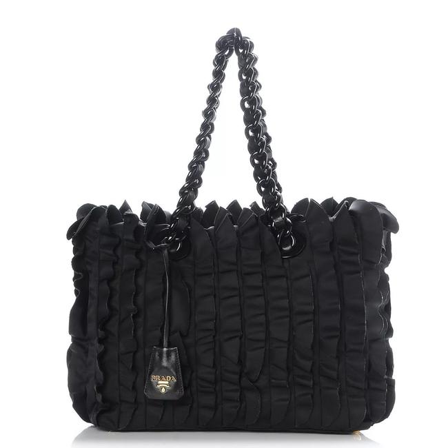 Prada Tessuto Ruffle Tote Black Nylon Leather Shoulder Bag