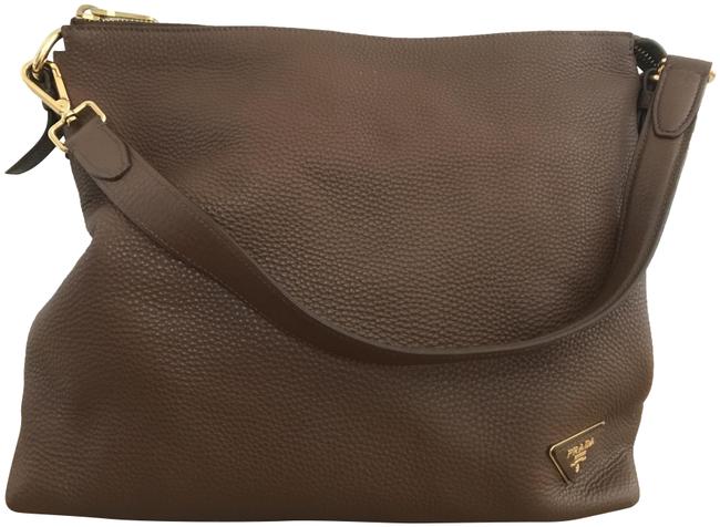 Prada Tessuto Tote Brown Pebbled Leather Shoulder Bag