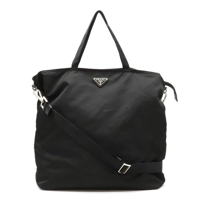 Prada Tote Large Silver Hardware Black  Nero Nylon  Leather Shoulder Bag