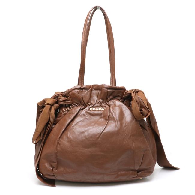 Prada Tote Ribbon Gold Hardware Brown Leather Shoulder Bag