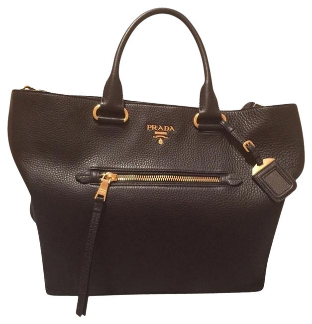 Prada Tote with Front Pocket Black Leather Shoulder Bag