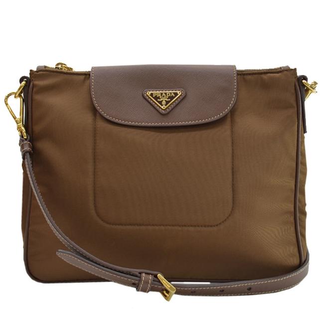 Prada Triangle Gold Color Ladies 51356 Brown Nylon  Leather Shoulder Bag