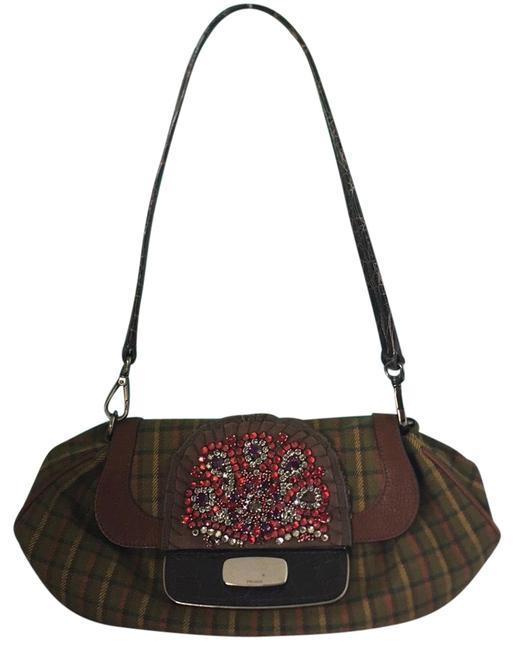 Prada Tweed Plaid Jeweled Flap Brown Shoulder Bag