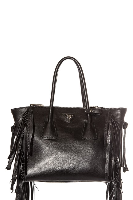 Prada Twin Pocket Fringe Handle Black Leather Shoulder Bag