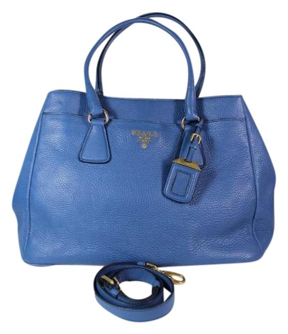 Prada Two Way Saffiano Tote Blue Leather Shoulder Bag