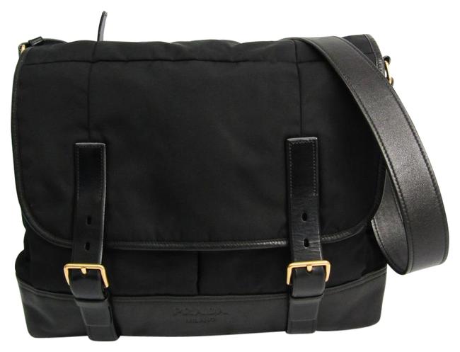 Prada Unisex Black Leather  Nylon Shoulder Bag