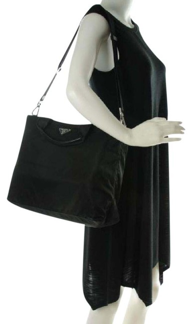 Prada Vela Tote Black NylonCalfskin Leather Shoulder Bag