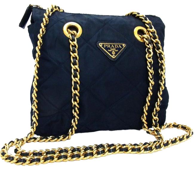 Prada Tote Vintage Chain Dark Navy Blue Nylon Shoulder Bag