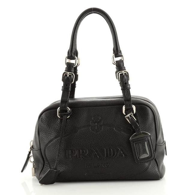 Prada Vitello Daino Bauletto Embossed Logo Medium Black Leather Shoulder Bag