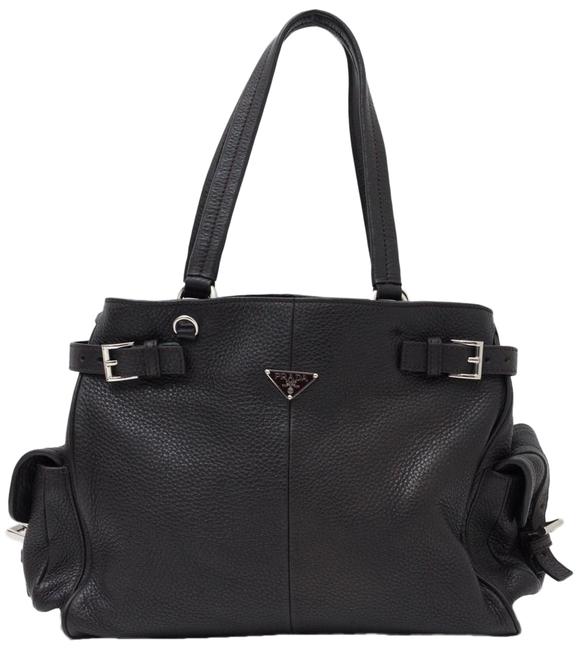 Prada Vitello Daino Side Pocket Tote Dark Brown Leather Shoulder Bag