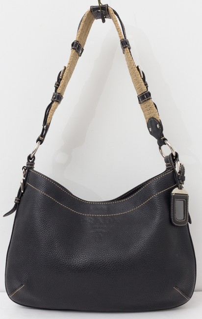 Prada Vitello Daino Strap Black Leather Shoulder Bag